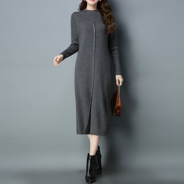 

dresses autumn winter long sweater women warm thick knitting long sleeve black brown grey pullover knit, Black;gray