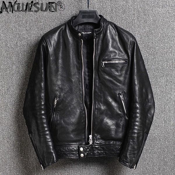

men's leather & faux akoosun 2021 jacket 100% sheepskin coat genuine motorcycle slim fit spring autumn real kj, Black