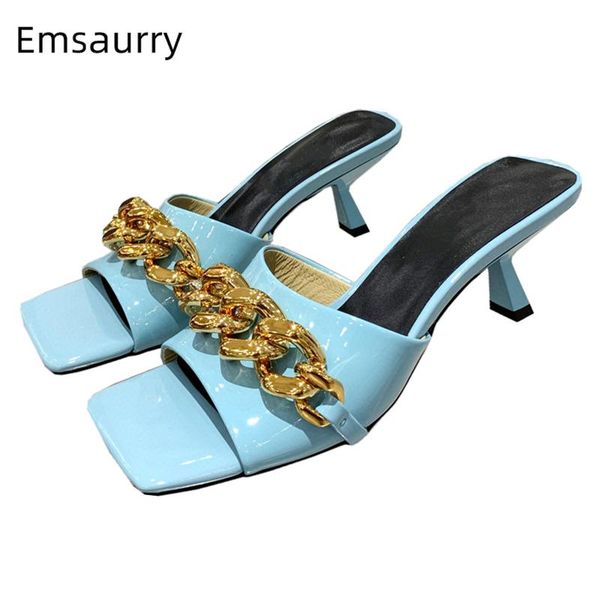

patent leather square toe runway mules lady kitten heel slingbacks chains decor multicolor summer sandals women, Black