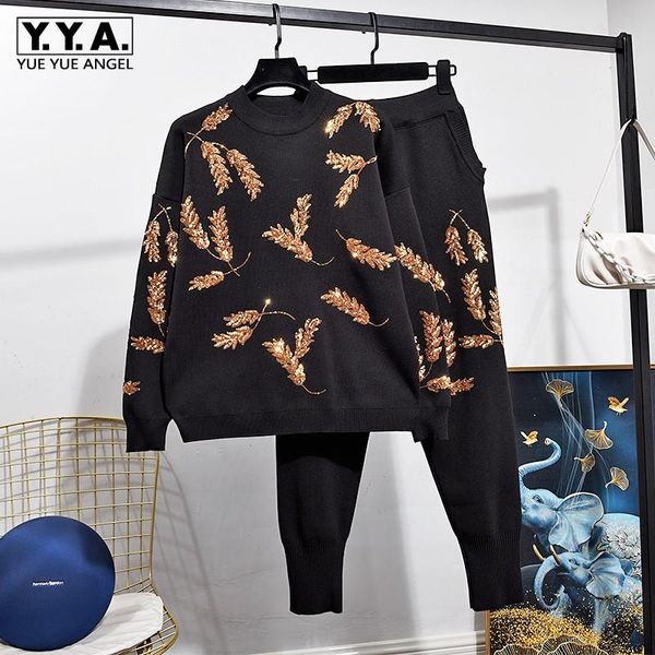 

autumn winter new fashion women knitted suit handmade sequin embroidery leaf sweater ankle length pants retro two-piece sets, White