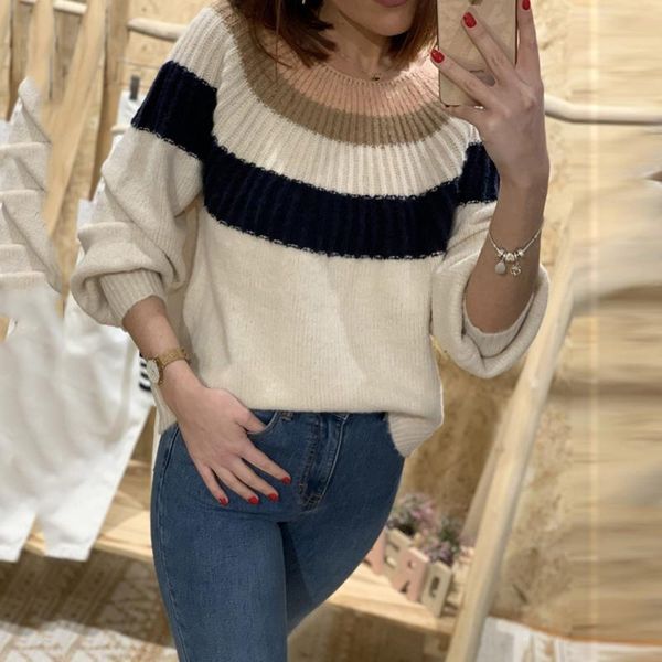 

women's sweaters 2021 arrival women pullovers blouses leisure long-sleeve round collar stitching color of knitted top, White;black