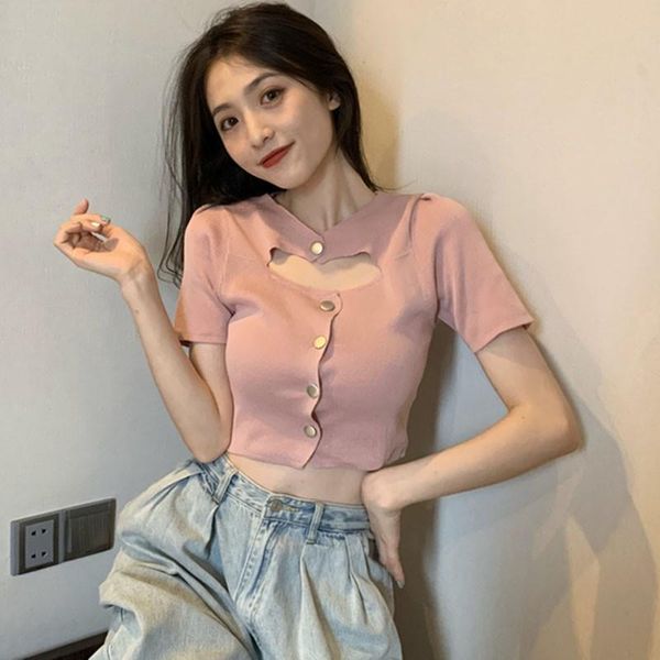 

women's t-shirt hollow-carved design slimming short hollow chest women solid color knitted casual sleeve t-shirts, White