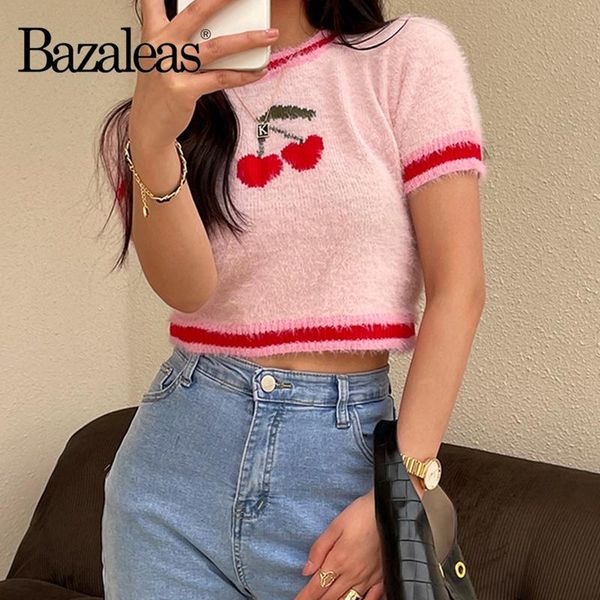 

women's t-shirt bazaleas punk short sleeve slim patchwork tshirt fashion mohair pink cropped women cherry pattern cute crop top, White