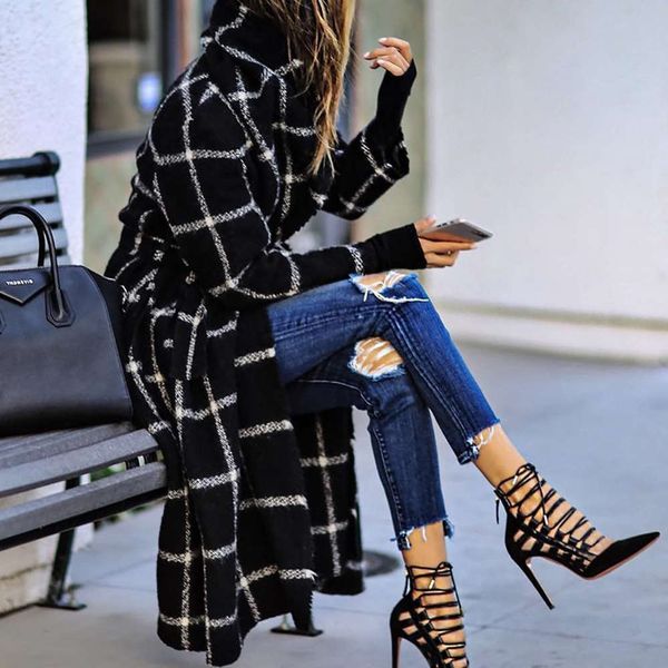 

autumn and winter women's medium long plaid wool coat, Black;brown