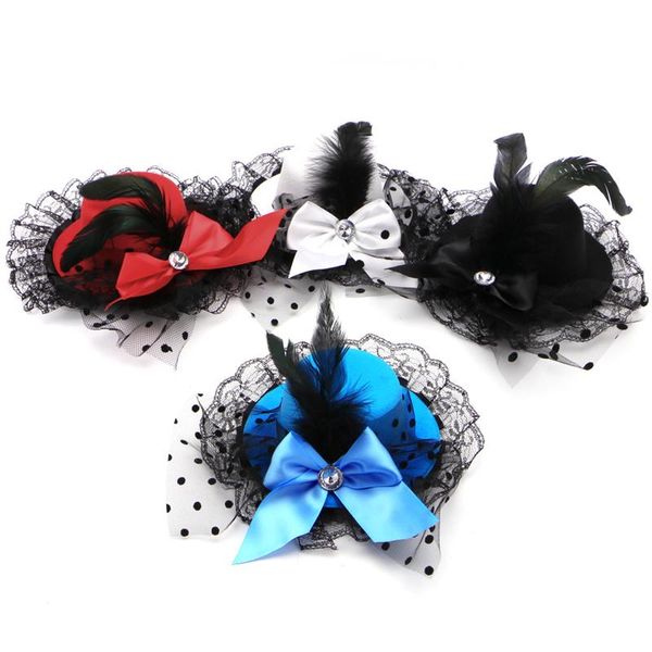 

style women bow hair clips lace feather mini hat fancy fascinator party accessories, Slivery;white