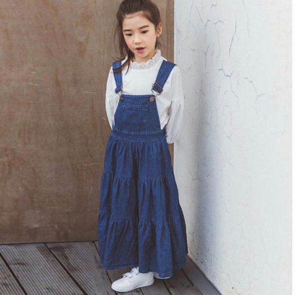 

girl's dresses cotton maxi long big girls denim sleeveless suspender pockets ruffles jeans fall 2021 for school clothing, Red;yellow
