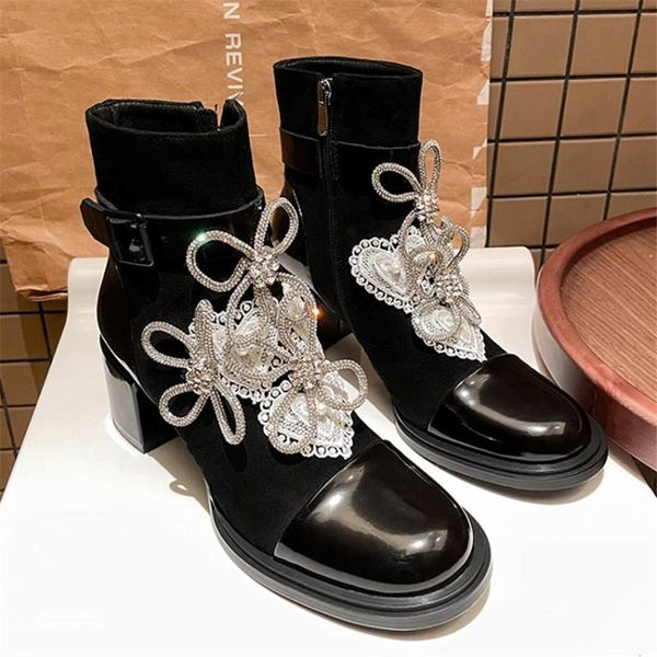 

boots pxelena designer luxury crystal flower ankle women high heels genuine leather dress party shoes 2021 fall spring evening, Black