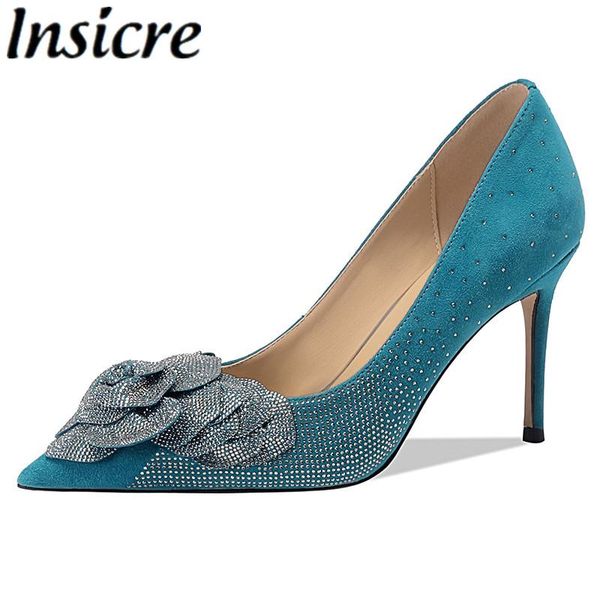 

dress shoes insicre women pumps kid suede pointed toe crystal flower thin high heels 2021 summer fashion blue shallow, Black