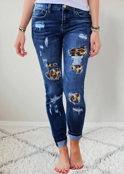 

ripped jeans pencil fashion womens capris mid waist slim fit leopard patchwork distressed denim lady skinny trousers s 2xl, Black;white