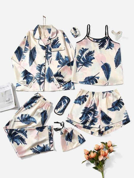 

plus 7pcs tropical print satin pj set h9ea#, Black;white