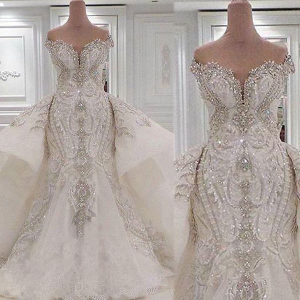 Elegante marfim sereia vestidos de casamento manga curta vestidos de noiva contas rendas apliques nigeriano árabe vestido de casamento robe de mariee