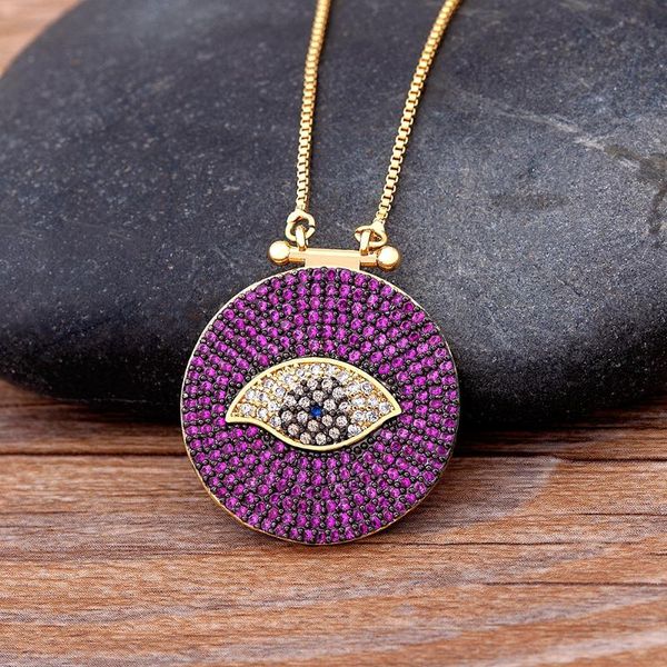 

pendant necklaces classic round shape cubic zirconia evil eye green/purple color lucky turkish cz necklace copper link chain jewelry gift, Silver