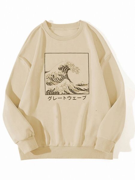 

plus wave & japanese letter graphic thermal sweatshirt t9yp#, Black