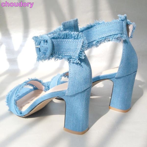 

selling women elegant blue denim sandals retro style thick square heel gladiator ankle buckle strap jeans pump shoe, Black
