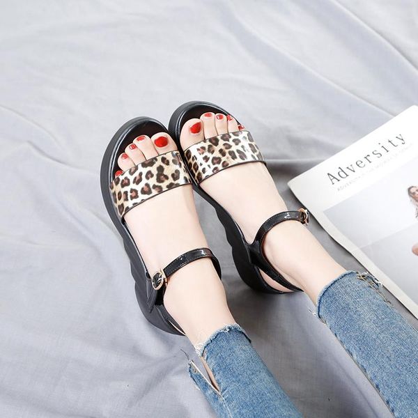 

muffin shoes sandals 2021 ins tide female summer thick bottom leopard casual magic wedges with roman, Black