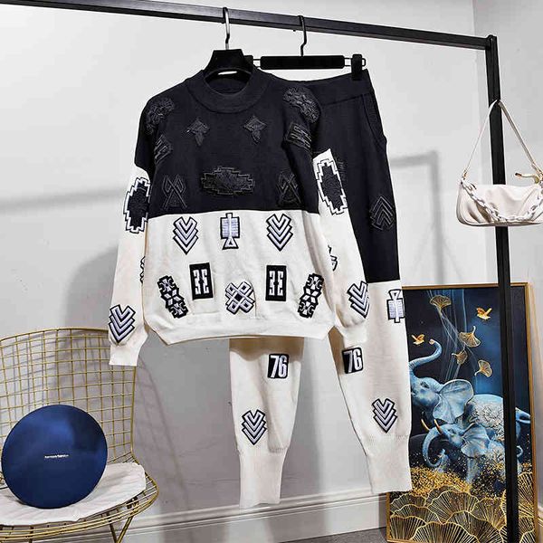 

women's two piece pants fashion patchwork knitted set women tracksuits embroidery sweater pencil outfits female loose sports knit, White