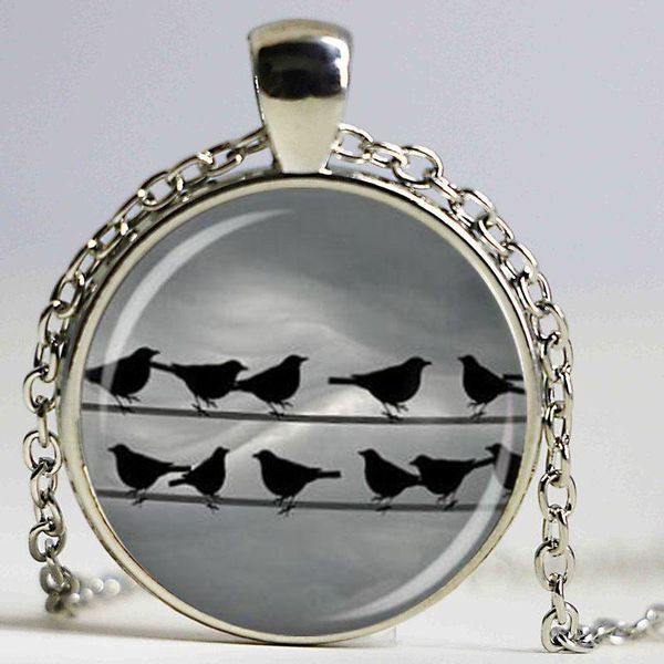 

birds on wire glass dome pendant necklace handmade jewelry necklaces, Silver