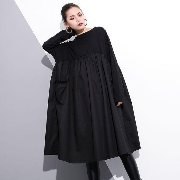 

casual dresses nyfs 2021 spring autumn woman dress black o neck long sleeve patchwork loose a-line pockets vestidos robe elbise, Black;gray