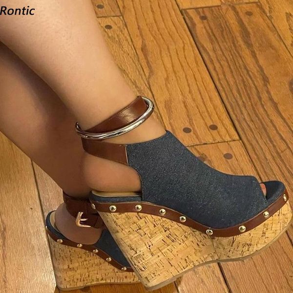 

sandals rontic arrival women platform denim rivets wedges heels peep toe pretty blue casual shoes us size 5-20, Black