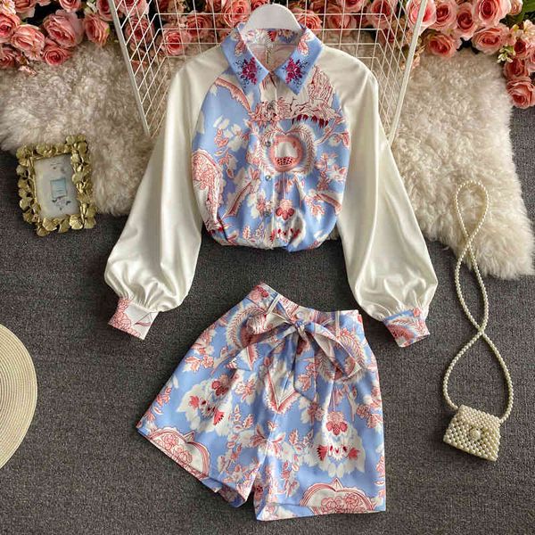 

2021 vintage spring 2 piece defines fashionable impression long sleeve shirt high waist thin leg short female pantsuit shorts q7v9, White;black