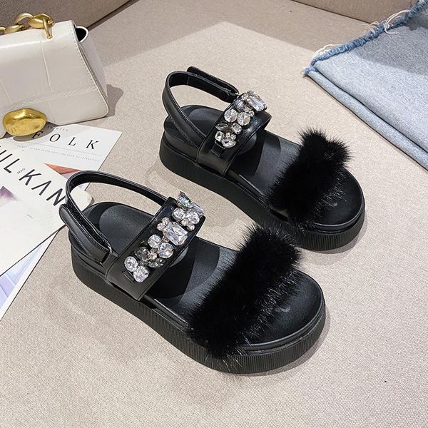 

sandals rhinestone platform for women 2021 fur shiny open toe summer elegant thick sole women's zapatillas mujer, Black
