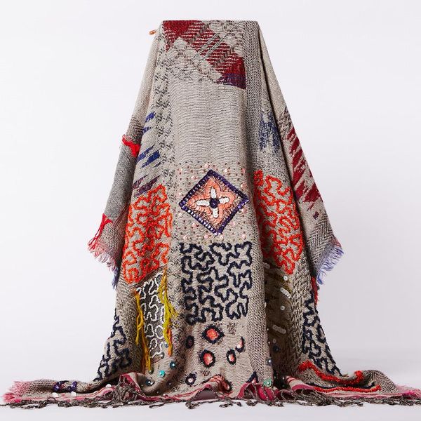 

scarves japanese literature and art india handmade beaded hook flower color matching fashion ethnic feng shui boiled wool scarf shawl, Blue;gray