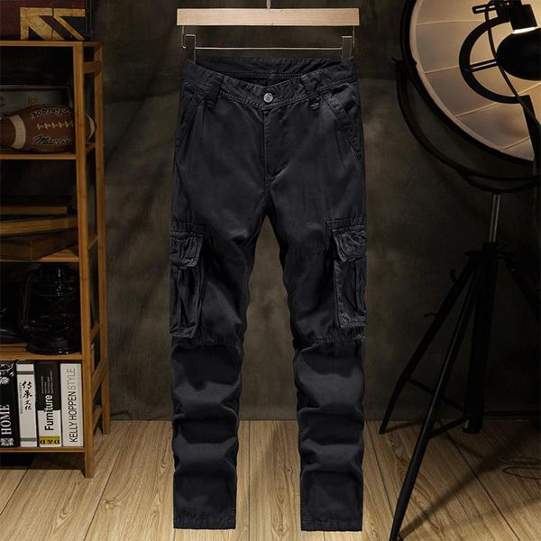 

men's pants 2021 multi-pocket men pant streetwear casual cargo outwear army straight slacks long trousers, Black