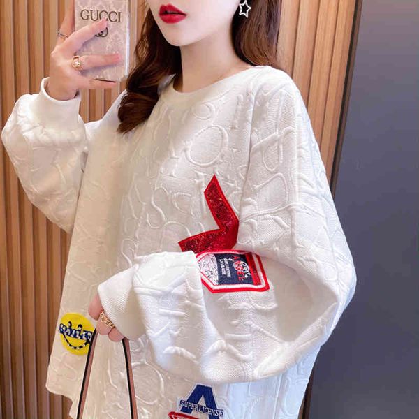 

women hoodie spring autumn thin sweatshirt women's loose o-neck hoody jacquard long sleeve harajuku girls oversize white bootom pullove, Black