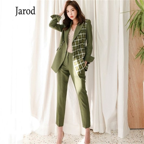 

autumn 2 pieces set women office ol patchwork plaid notched collar blazer jacket & pencil pant suits wear to work 210519, White