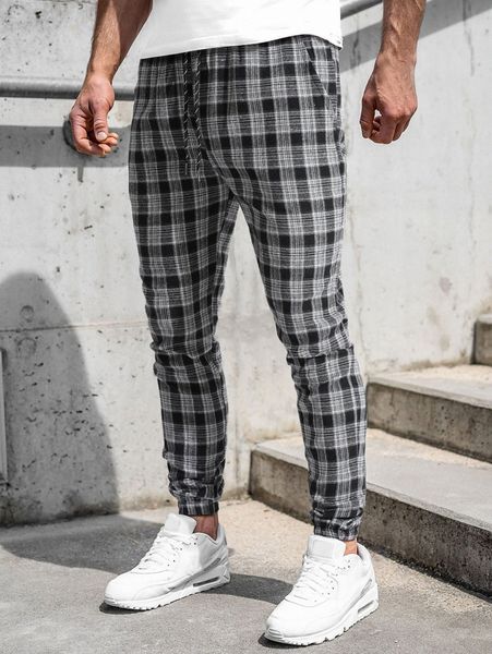 

men drawstring waist plaid pants i71q#, Black