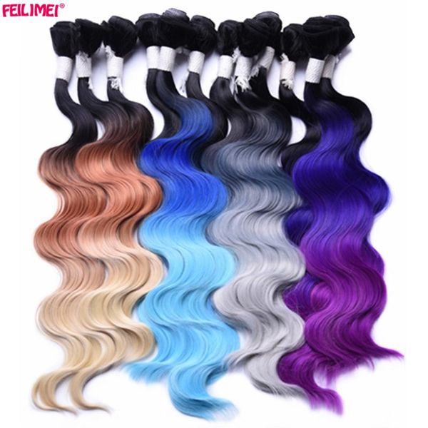 

human ponytails feilimei ombre gray blonde body wave hair weft weaving 18" 20" 22" 280g synthetic high temperture fiber purpl, Black