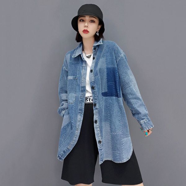 

women's knits & tees shengpalae contrast color denim female blouse fall lapel release single breasted long shirt sleeve abpy, White