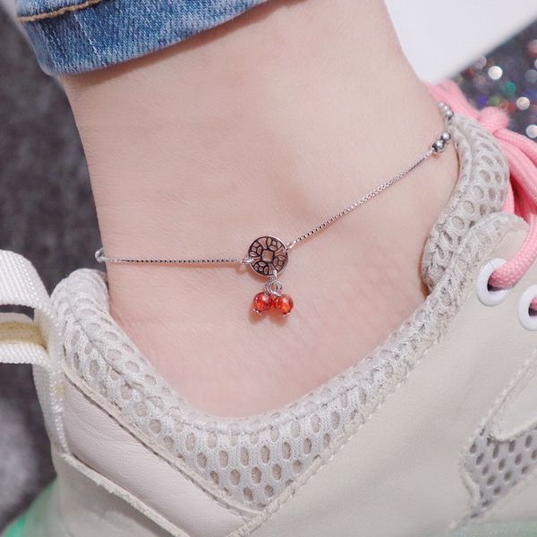 

anklets s925 sterling silver simple copper coin red corundum anklet fashionable, sweet and versatile box chain female, Red;blue