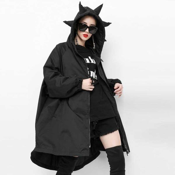 

women's trench coats women fashion black street punk long coat with stylish ears hoodies hippie harajuku loose casual hiphop poncho out, Tan;black