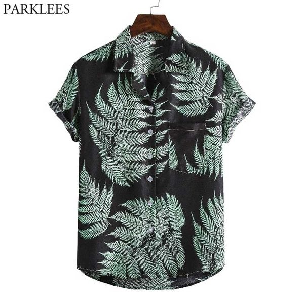 

men's leaves classic hawaiian shirts summer short sleeve tropical aloha shirt front pocket beach wear shirt chemise 3xl 210522, White;black