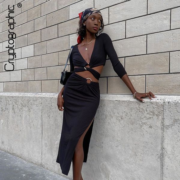 

cryptographic bandage wrap and split midi skirts fashion outfit fall long sleeve 2 piece set club party matching set, Black;white