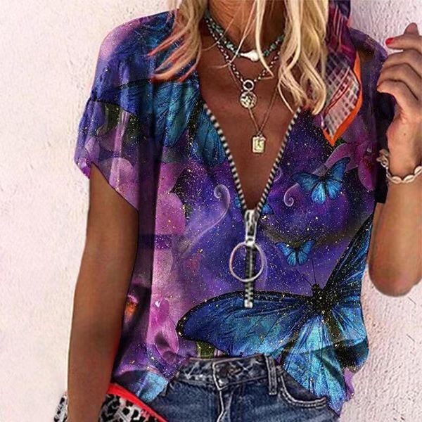 

women's t-shirt summer casual shirt fashion loose stripe printed zipper v-neck short-sleeved for women #g15, White
