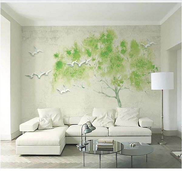 

large custom home decoration wallpaper mural small fresh green relief flying bird a tree simple tv background wall wallpapers