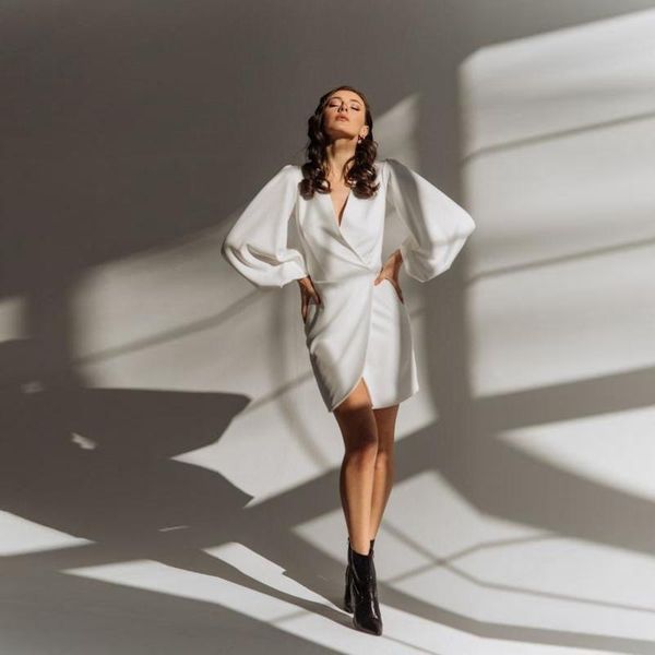 

casual dresses women vintage front cross lantern sleeve mini dress deep v neck sheath high waist irregular solid 2021, Black;gray