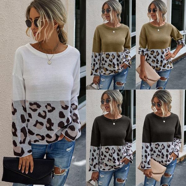 

women's sweaters 2021 autumn winter sweater fashion splicing leopard print round neck female knitted pullover, White;black
