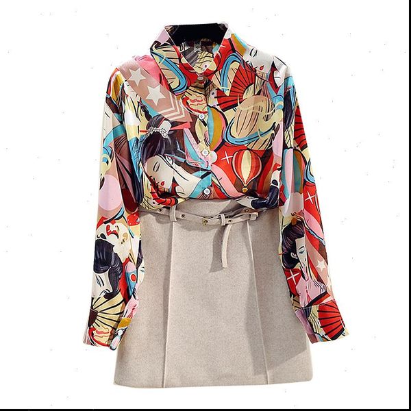 

womens shirt spring autumn retro wild loose printed long sleeved turn down collar blouse gd339, White