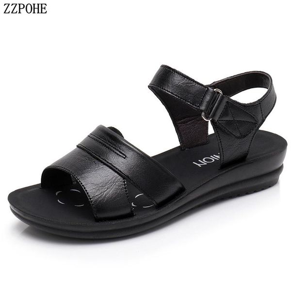 

summer fashion leather women sandals soft bottom mother women's footwear comfortable casual flat shoes, Black