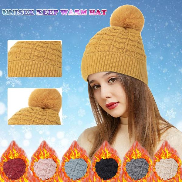 

beanies women's cap female winter double layer acrylic warm knit hat plus velvet thicken fur hairball pompom ski skullies bonnet