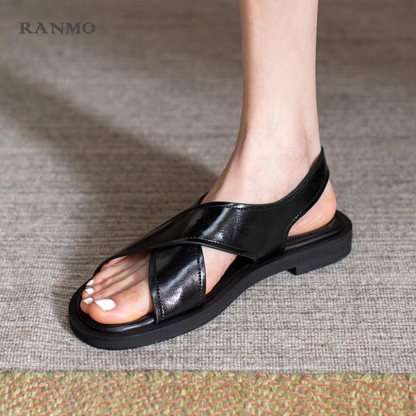 

sandals 2021 summer outdoor fish mouth flat shoes women's casual comfortable commuter leather, Black