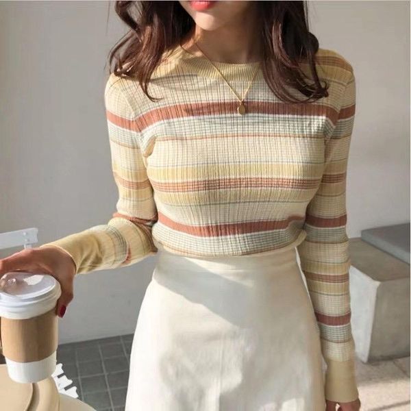 

women's sweaters 2021 brand women striped sweater o-neck long sleeve stretchy basic knitwear autumn mujer sueteres, White;black