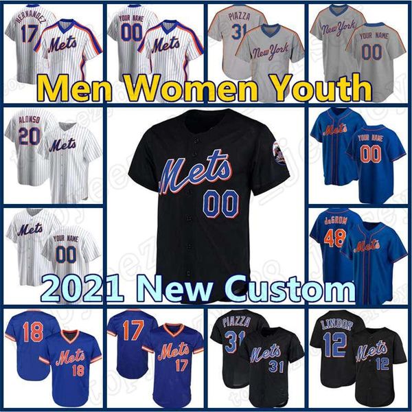 

custom 12 francisco lindor mets jersey 20 pete alonso 48 jacob degrom retro baseball darryl strawberry mike piazza conforto gooden hernandez, Blue;black