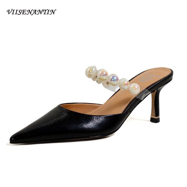 

summer baotou pointed toe wear pearl stiletto high-heel sandals and mules lazy shoes slippers, Black