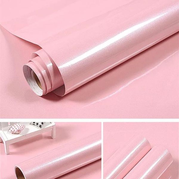 

wallpapers pink glossy wall sticker solid color self adhesive wallpaper pvc cabinet deskpapel de parede furniture diy decorative film