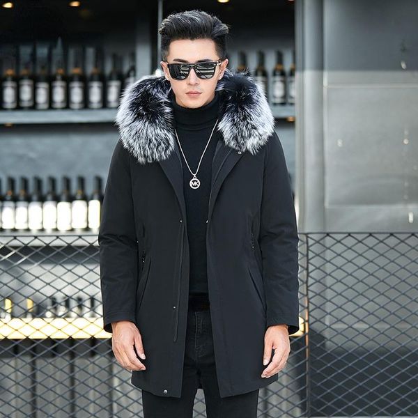 

men's leather & faux autumn winter long real liner jacket men 2021 hooded warm thick raccoon collar male parkas casaco masculino gx, Black