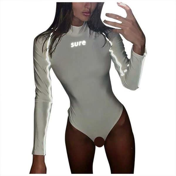 

women's jumpsuits & rompers womail turtleneck long sleeve reflective bodysuits women high street skinny solid summer ladies streetwear, Black;white
